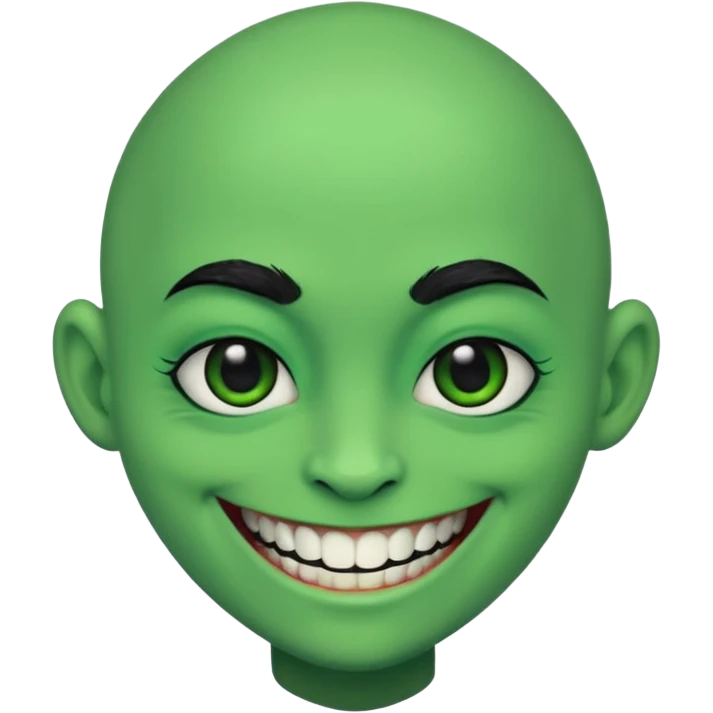 A bald person with bright green sclera and bright green teeth, grinning widely. Has fluffy black neck fur, with a fluffy black body emoji
