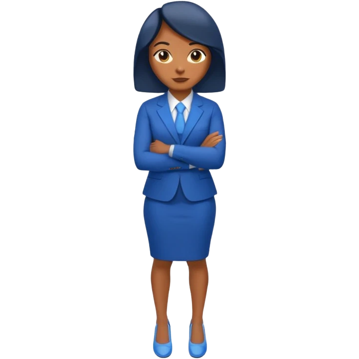 black woman in a blue smart suit and shoes, arms crossed, assertive stance, emoji style emoji