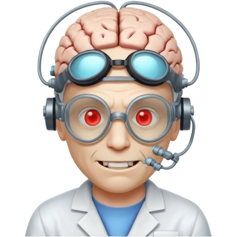 mutant scientist portrait, head and shoulders only, exposed glowing brain, broken goggles, evil smile, mad lab vibe, 3D cartoon, mobile game icon style, clean background, no text, no watermark

 emoji
