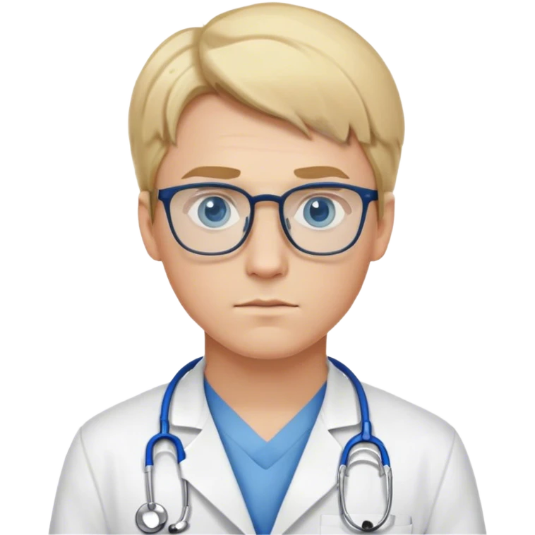 Young male doctor with blonde hair, blue eyes, glasses, serious  emoji