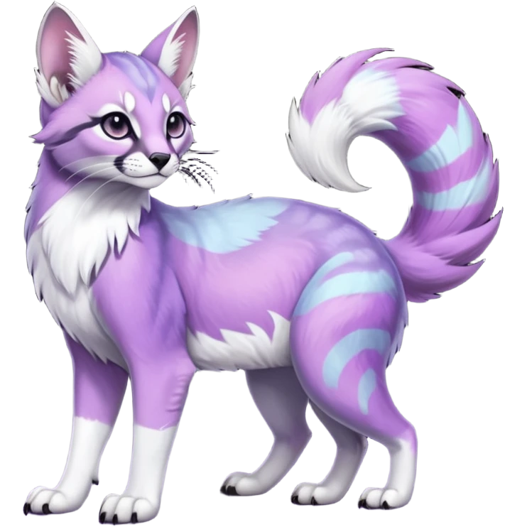 Colorful dark tropical pastel-lilac-lavender-violet iridescent pastel white glorious divine exotic cute cool beautiful shiny beautiful fantasy-caracal-civet-genet-sergal-vernid-Gryphon-Cacomistle-Trico-oncilla-animal-Fakémon-hybrid-fursona (full body) emoji