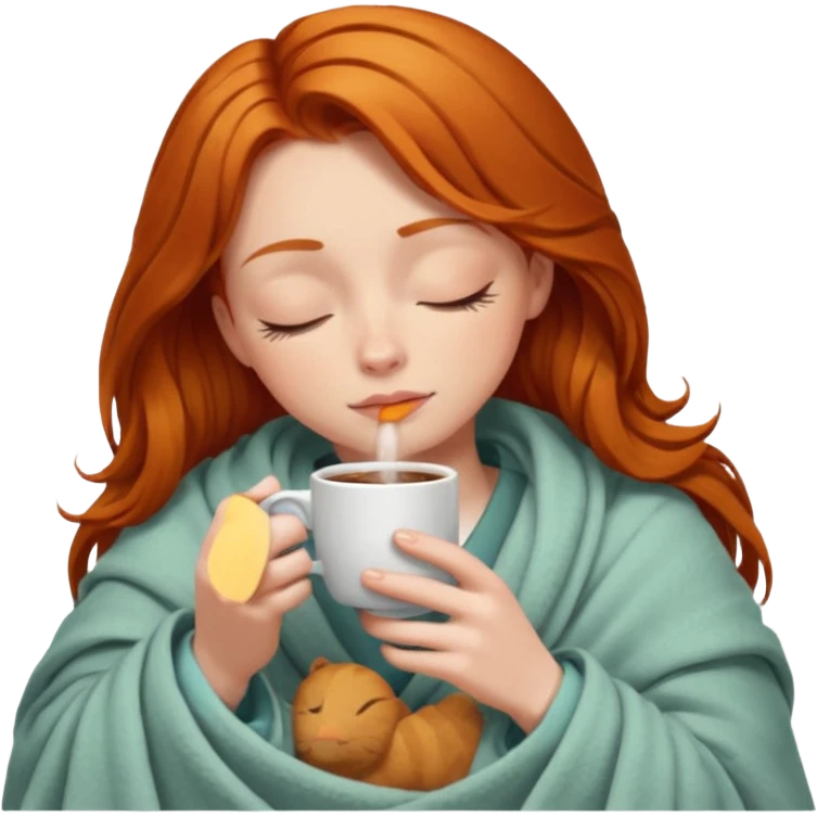 girl with ginger hair inside a blanket sipping coffee eyes closed emoji