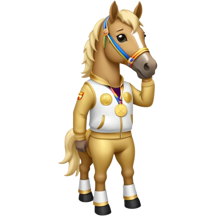 anthropomorphised horse in a hip-hop outfit, wearing a gold medal emoji