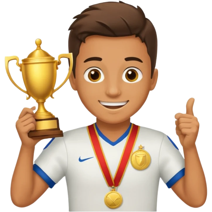 happy soccer player with a first-place medal and a trophy emoji