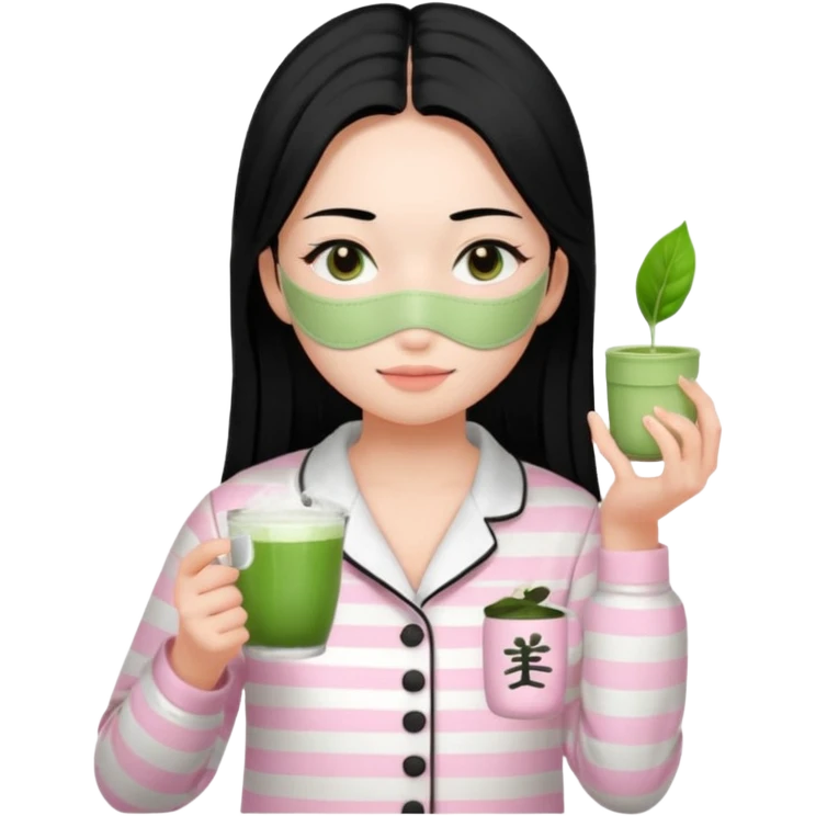chica de pelo lacio color negro cabellera larga piyama blanca con rayas rosa claras peo no tan claras no oscuras el bordado es negro al igual que los botones )tiene una mascarilla para la cara una mascarilla faciial blanca y sostiene un matcha  y es de test blanca  emoji