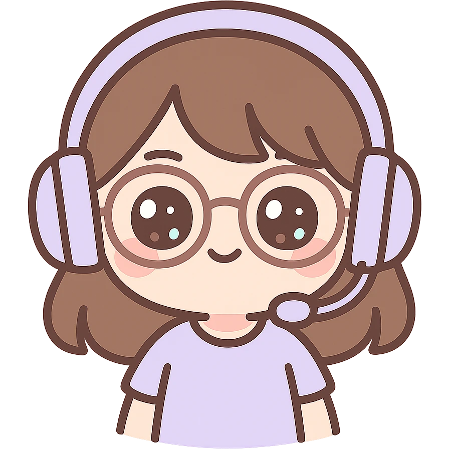 female brunette wearing glasses and a purple gaming headset, chibi style emoji