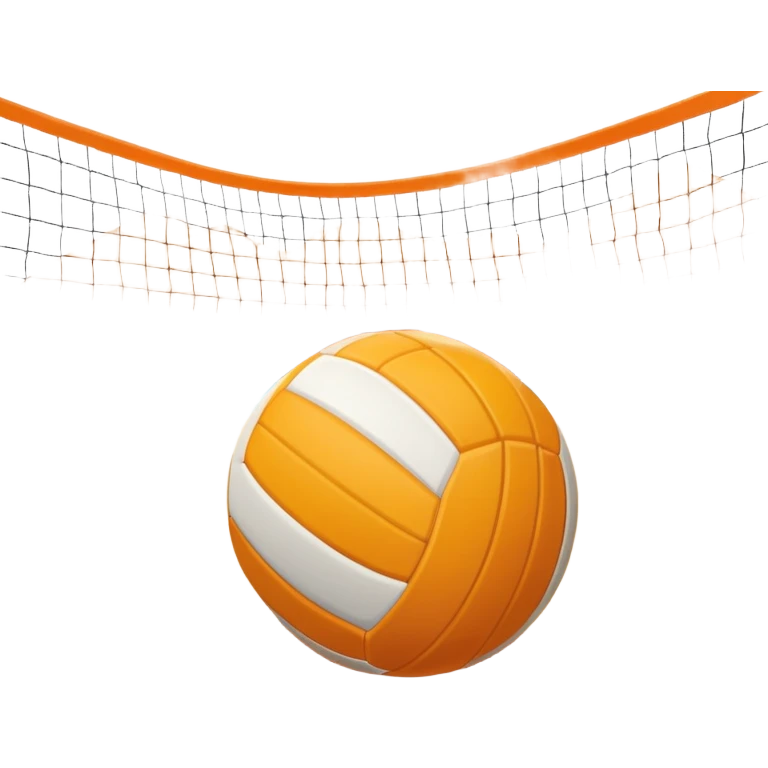 The scene captures a sunny sea beach atmosphere with clear blue sea and sky, palm trees swaying. A volleyball resting on the orange sand ground of a beach, with a volleyball net in the background.  emoji