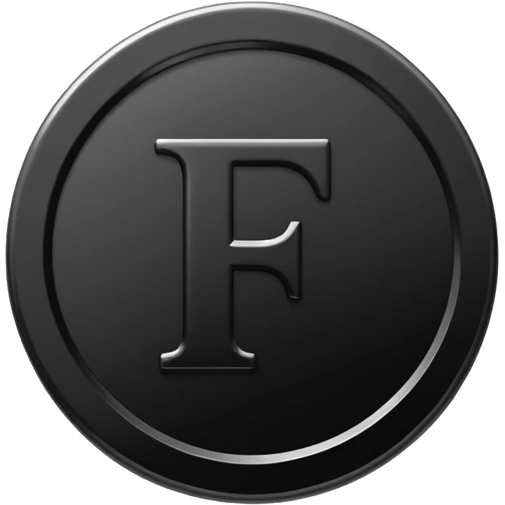 Emoji icon of a black coin with engraved letter F, minimalist style, isolated, no color emoji