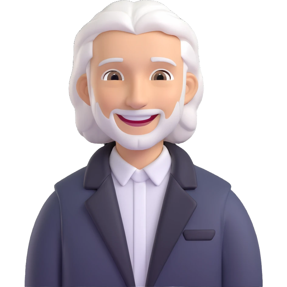 Man with white hair parted in the middle, black in color, shoulder-length, smiling, wearing a white shirt and a black jacket emoji
