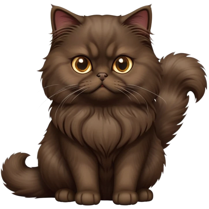 cinematic-[dark brown persian cat]-realistic-full-body-sitting-emoji,-tail-curled-playfully-around-its-paws,-head-tilted-dramatically,-fluffy-[dark brown]-fur,-simplified-yet-realistic-focused-features,-highly-detailed,-glowing-with-an-almost-sarcastic-glow emoji