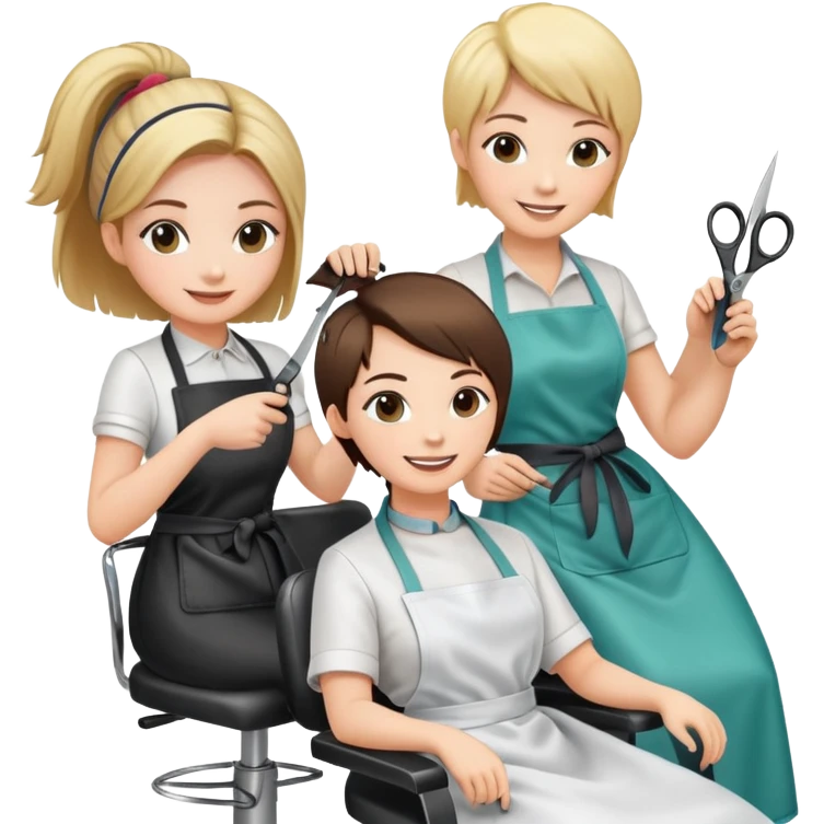 woman getting a haircut from a female hairstylist, both smiling, client sitting in chair with apron, hairstylist standing behind holding scissors emoji