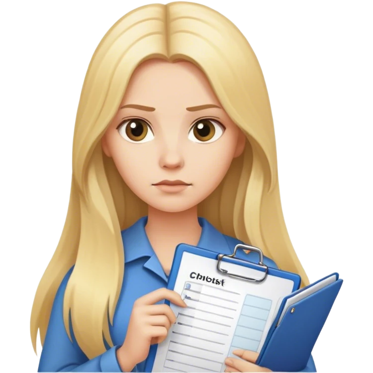 Woman with long blonde hair holding a checklist, looking serious at it emoji