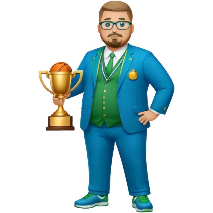 full body white obese male basketball coach with trophy. Goatee , Wearing glasses and blue and green suit emoji