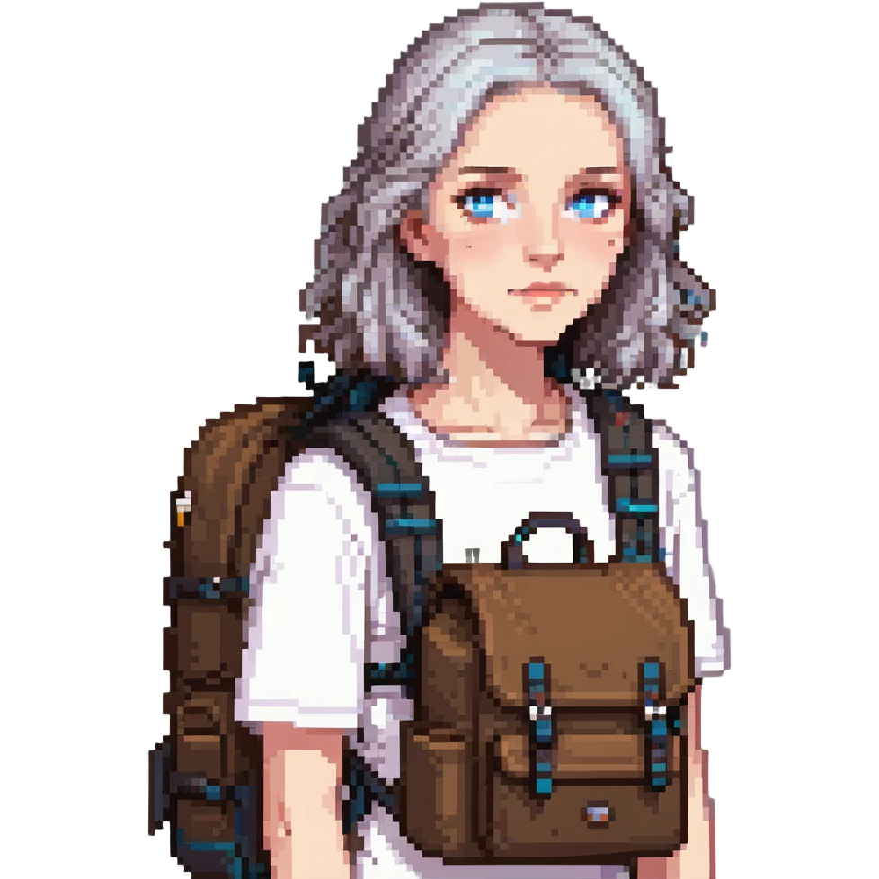 white woman park ranger with blue eyes, brown and gray hair, wearing a backpack emoji