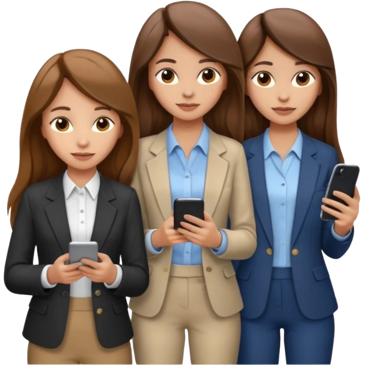 two brown haired girls, looking professional maybe leaned on each others back and looking forward and using phones, with long hair and one girl can hold lap top another one can hold the phone, professional clothes, more stylish emoji