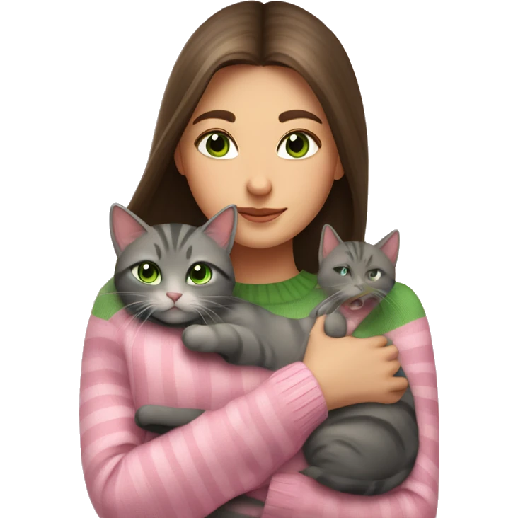Brunette girl with long hair and green eyes in a pink sweater hugs a gray striped cat. The cat has brown eyes emoji