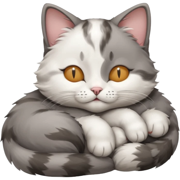 grey and white small cat with its eyes closed lying down with his paw curled under his head holding it up emoji