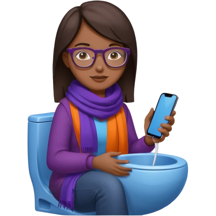 Fille châtain foncé avec lunettes. Elle porte une grosse écharpe violette, bleu et orange. Elle assise dans une cuvette de toilette. Téléphone en main. Realiste emoji
