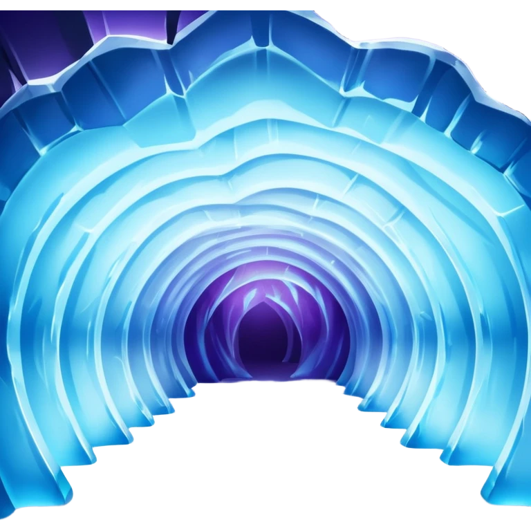 A breathtaking ice cave glowing with blue light, featuring smooth, curved walls made entirely of translucent ice. The interior reflects shimmering shades of blue and purple, with natural light filtering through the frozen surface. Realistic detail, cinematic lighting. emoji