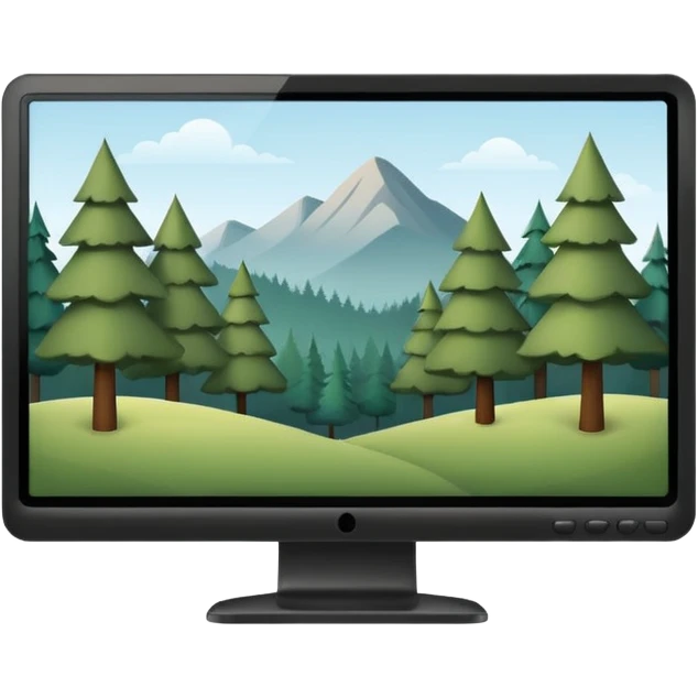 Minimalistic flat vector icon, iOS style, thin black contour on white background. Computer monitor with a simple forest scene on the screen (trees, minimal landscape). Clean, no text, no shadows emoji