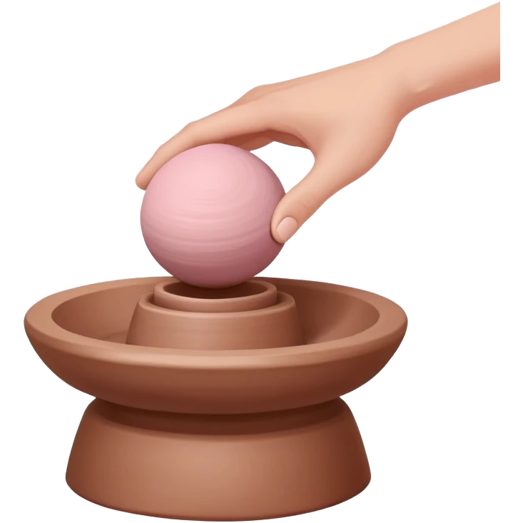 one hand centering a pink ball of clay on an empty pottery wheel, pressing down with palm to center it emoji