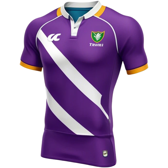 Cinematic Realistic image of a rugby jersey rendered in bold, dynamic team colors with intricately detailed fabric textures and natural creases, illuminated by dramatic stadium lighting emoji