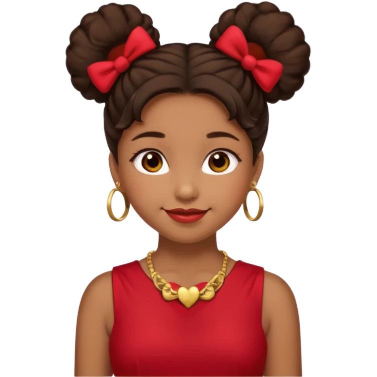 Brownskin girl dark brown hair fluffy.Two buns with red bows brown eyes smiling closed mouth red shift gold necklace emoji