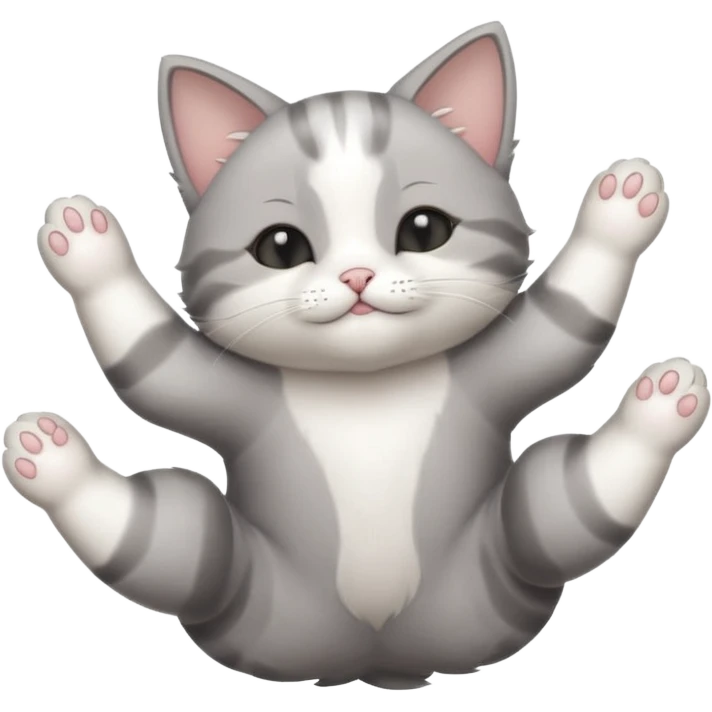 grey and white small cat with eyes closed lying down upside down with paws stretched out straight in different directions emoji