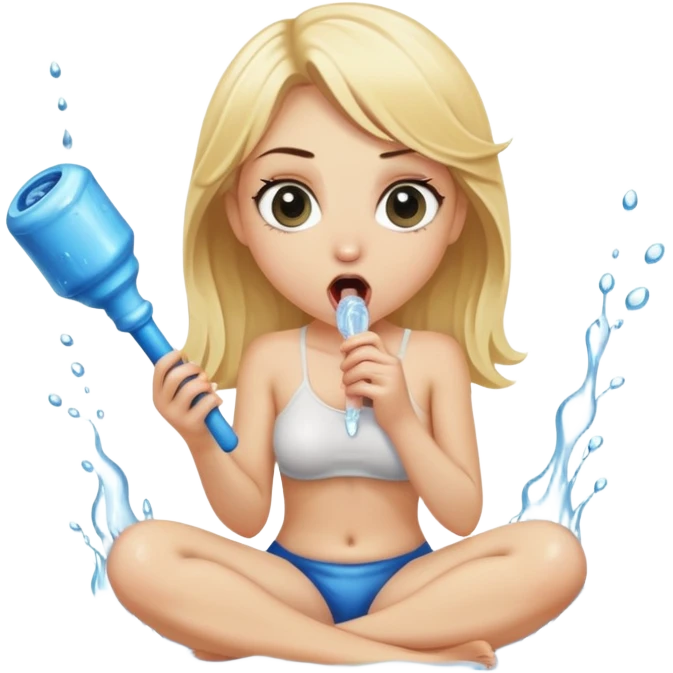 blond woman sitting on her knees with wide eyes, she's holding a thick short stick with a big knob, the stick is made of skin, water squirting from the knob into her mouth, there's only one stick in the picture emoji