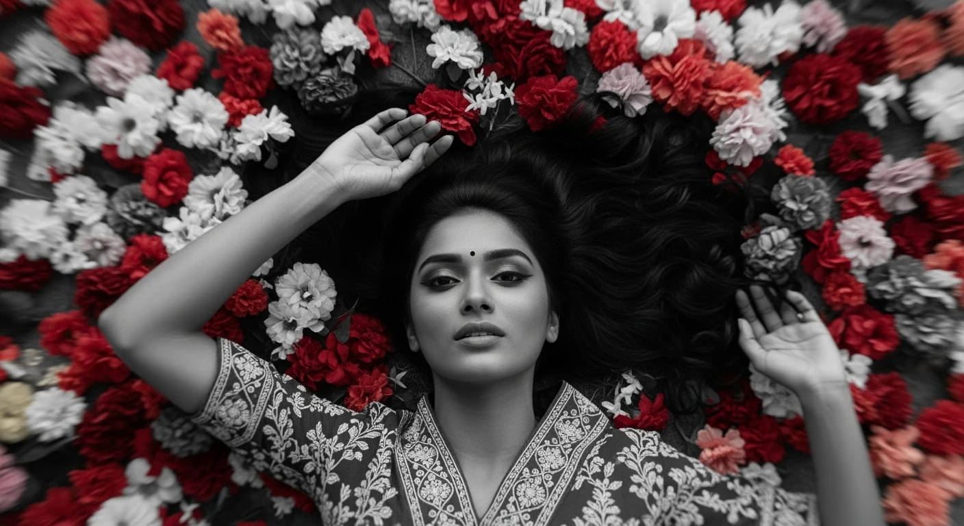 Camera drom top, Motion blur Extreme Closeup photo of a beautifull woman lay around beautifull colorfull flowers, cinematic light, Monochromatic, 8K, very detailed, sharp, depth (foreground, midground, background) emoji