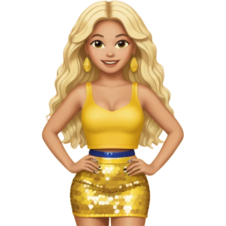 Beyonce with long platinum blonde hair, yellow sequin crop top yellow sequin skirt, gold earring emoji