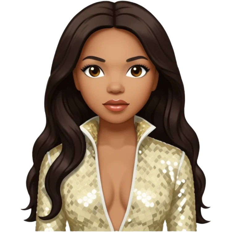 Tenitra Michelle Williams (b.1979), R&B Singer from Destiny's Child with long dark brown hair, ivory sequin outfit, medium dark skin emoji