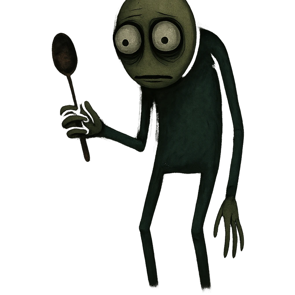 Salad Fingers character, holding a rusty spoon, creepy atmosphere, muted colors emoji