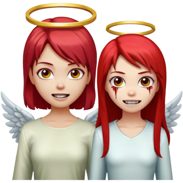 девушка ангел с нимбом и крыльями, с рыжими прямыми волосами по плечи, с улыбкой, стоит рядом с девушка зомби с темными длинными прямыми золосами, со злым выражением лица и ровными белыми зубами в стиле Apple avatar emoji