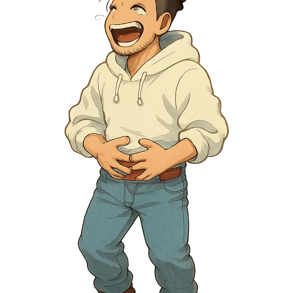 1 male, mid fade haircut dark chestnut brown curly hair, toasted lightskin, white hoodie sleeves up, fashion jeans, red fashion-sneakers shoes, red belt, short trimmed beard and goatee,  style of deku from "my hero academia", laaughing to the point of tears emoji