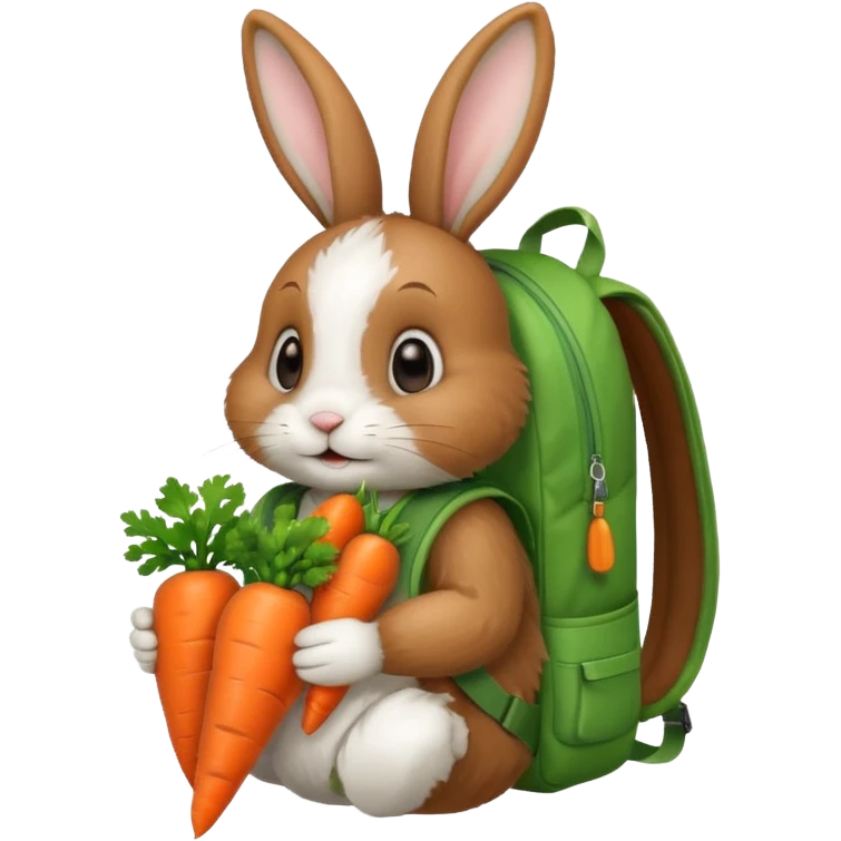 A brown & white, bunny with a green backpack, holding a carrot emoji
