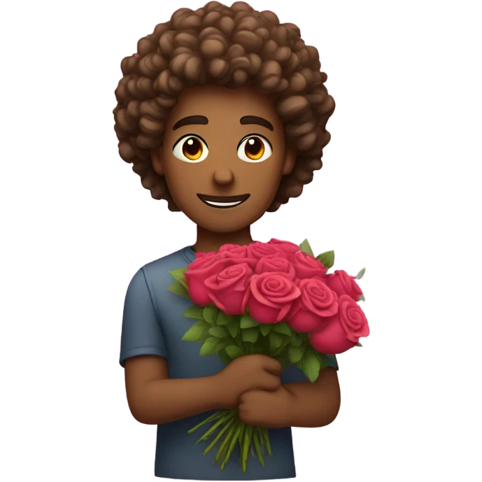  male with curly hair carrying a bouquet of roses emoji