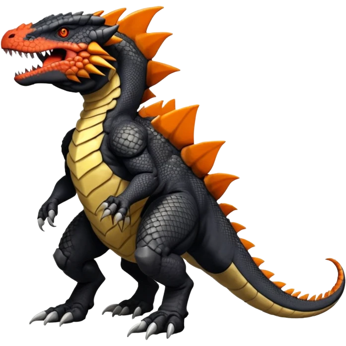 Black Salandit-Tyrunt-Tyrantrum-Greymon-Fakémon-creature-hybrid with orange belly (full body) emoji