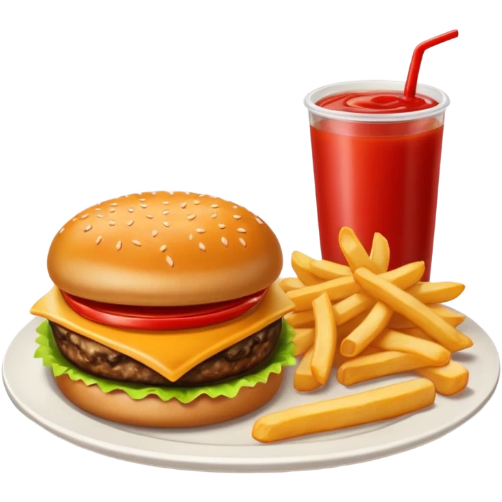 i want a Cheeseburger and Fries with a angle to 15–20° gentle bird’s-eye angle with 2 sauce round plate one is white and other is red with some fries thicker like mcdonald's emoji