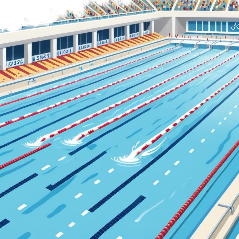 An icon featuring an Olympic swimming pool with multiple lanes and swimmers racing side by side. Splashes and lane dividers highlight the competition atmosphere. Transparent background emphasizes the energy, speed, and intensity of professional swimming events. emoji