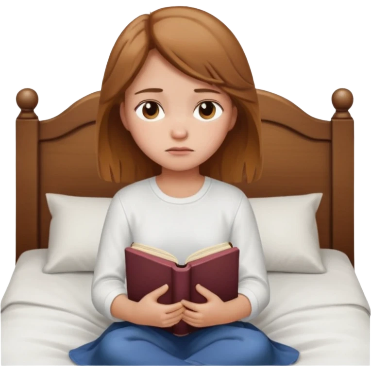 Девушка со светлыми русыми волосами сидит на кровати грустная с книжкой emoji