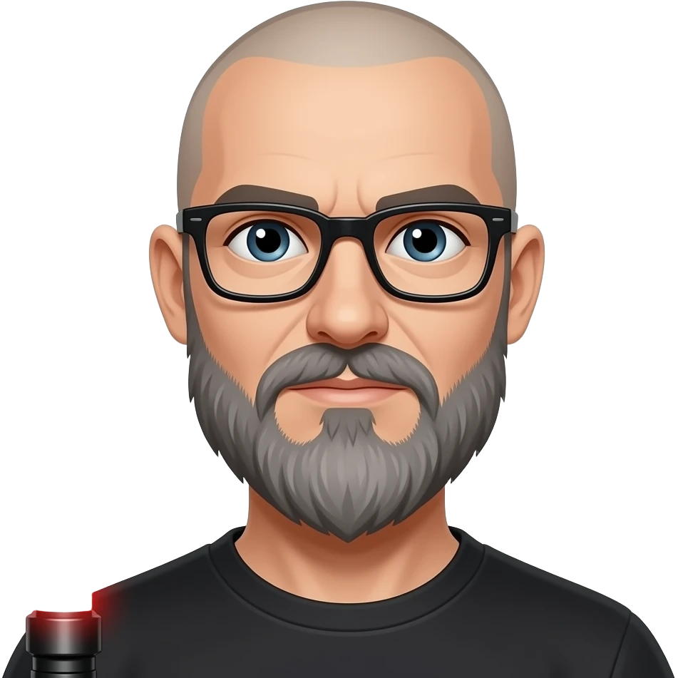 skinhead man with longer greyish beard black glasses holding red lightsaber emoji