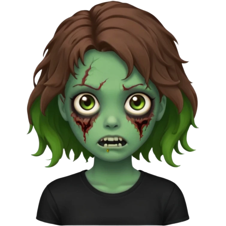 crie um emoji de uma garota zoombie pele verde e cabelo castanho, assustadora e fofa com cabelo ondulado 2b e camiseta básica preta emoji