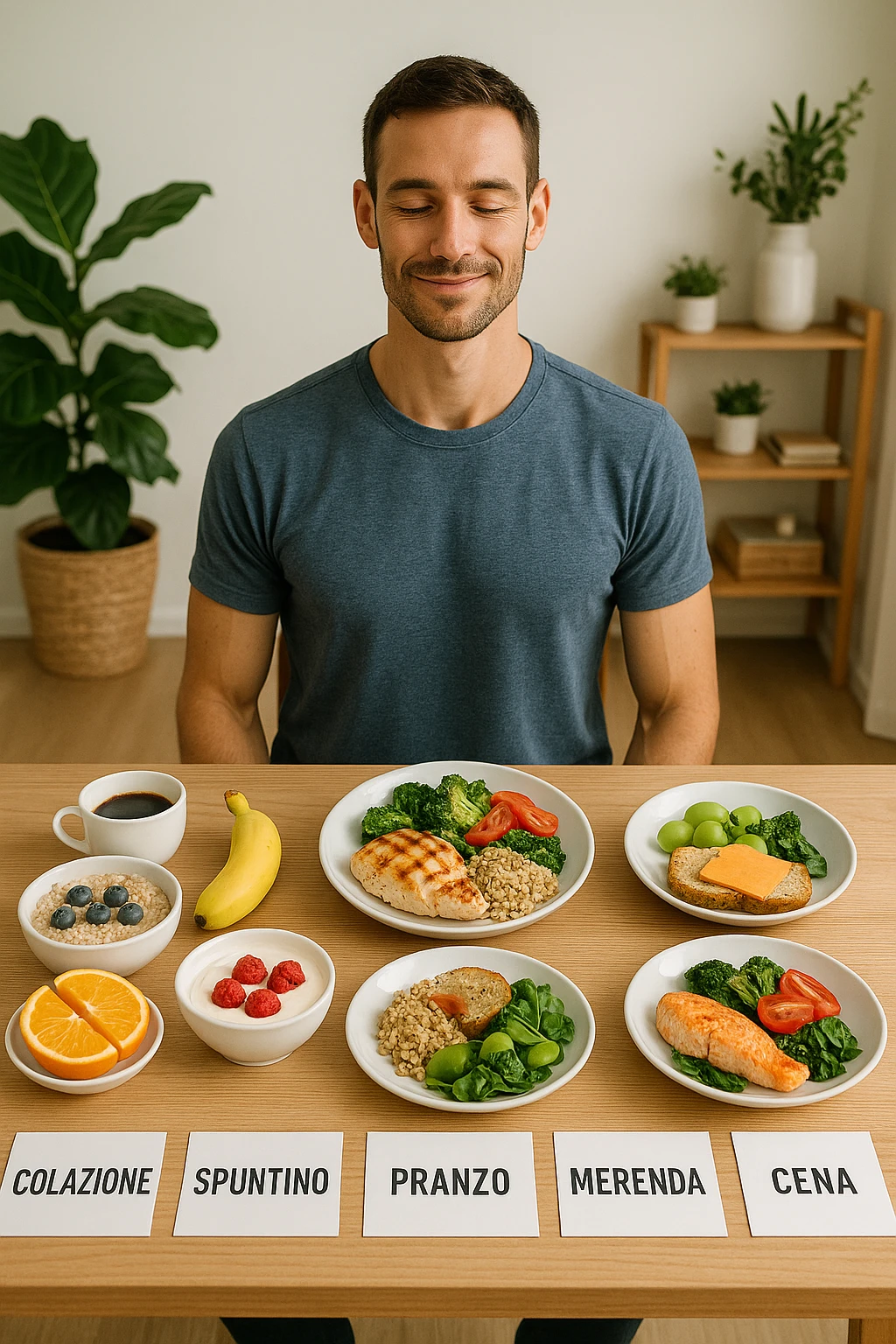Uomo sereno con fisico sano e asciutto seduto davanti a un grande tavolo diviso in 5 sezioni, ognuna con un pasto bilanciato: colazione, spuntino, pranzo, merenda, cena. Ogni piatto ha porzioni equilibrate di proteine, carboidrati e grassi salutari. Ambiente ordinato, stile di vita sano, luce naturale, atmosfera di consapevolezza nutrizionale. in italiano emoji