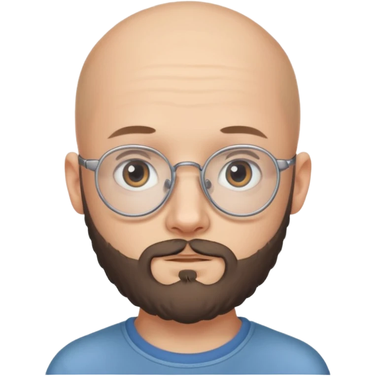 A young guy of 18 years old, bald, with a thick beard and very thin glasses. He has gray eyes and looks like a child, despite his age. emoji