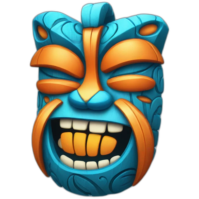 Blue and orange smiling tiki with butterflyl-tornado emoji