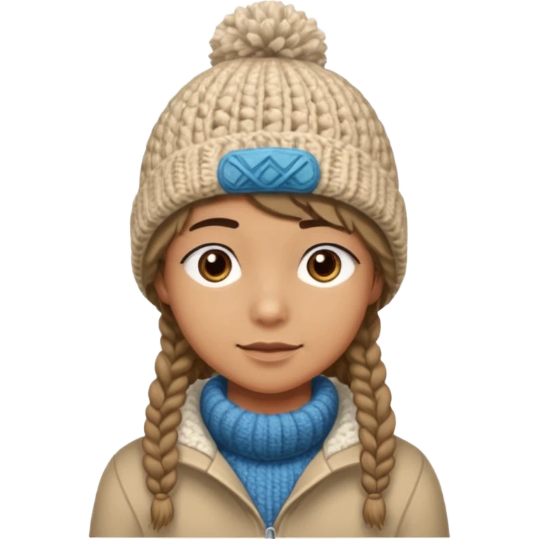 high school student wearing a crochetted winter hat. the hat should be an oatmeal color and texture with no pompom. make one a boy and one a girl emoji