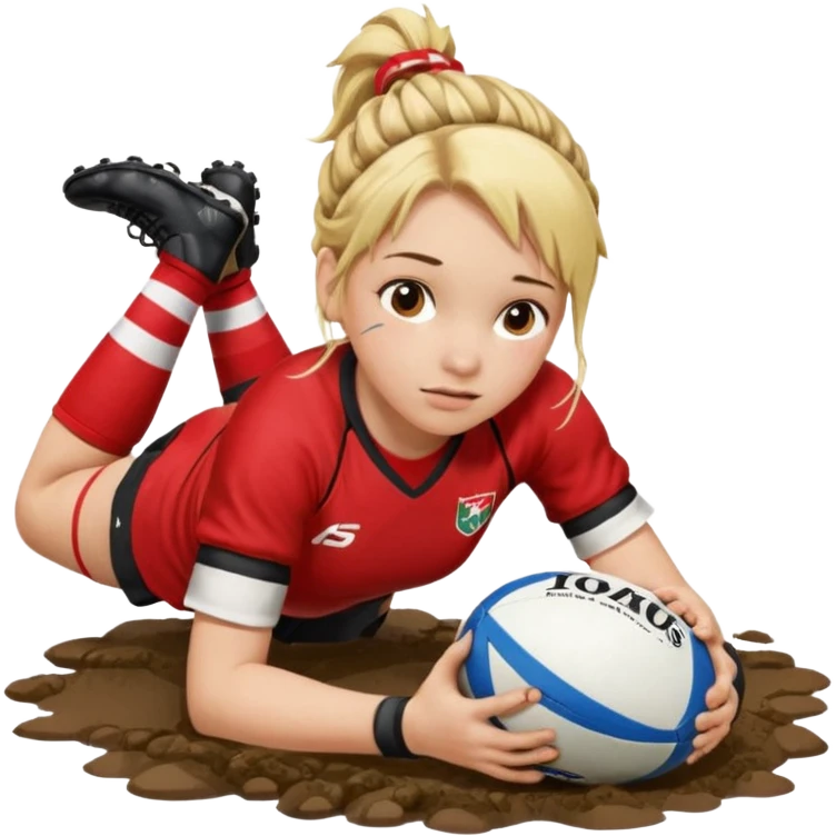 Emoji estilo iPhone de Chica de pelo rubio tirada en el suelo boca abajo agarrando un balón DE RUGBY con las manos vestida con una equipación de color rojo y blanco con líneas, manchada de barro y con unas botas de tacos de fútbol y el pelo con trenzas, se la tienen que ver las 2 piernas  emoji
