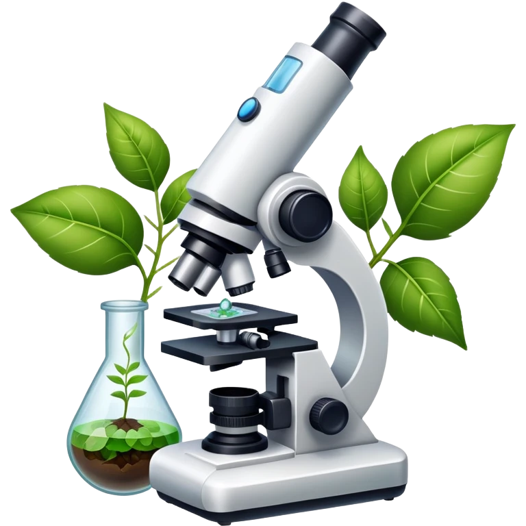 An icon featuring a microscope, a DNA strand, and plant leaves, symbolizing biology. The design includes cells, a test tube with a plant sample, representing life sciences, ecosystems, and the study of organisms. Transparent background highlights the exploration of living systems. emoji