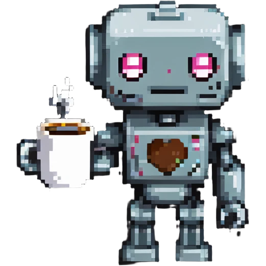A robot character holding a coffee mug emoji